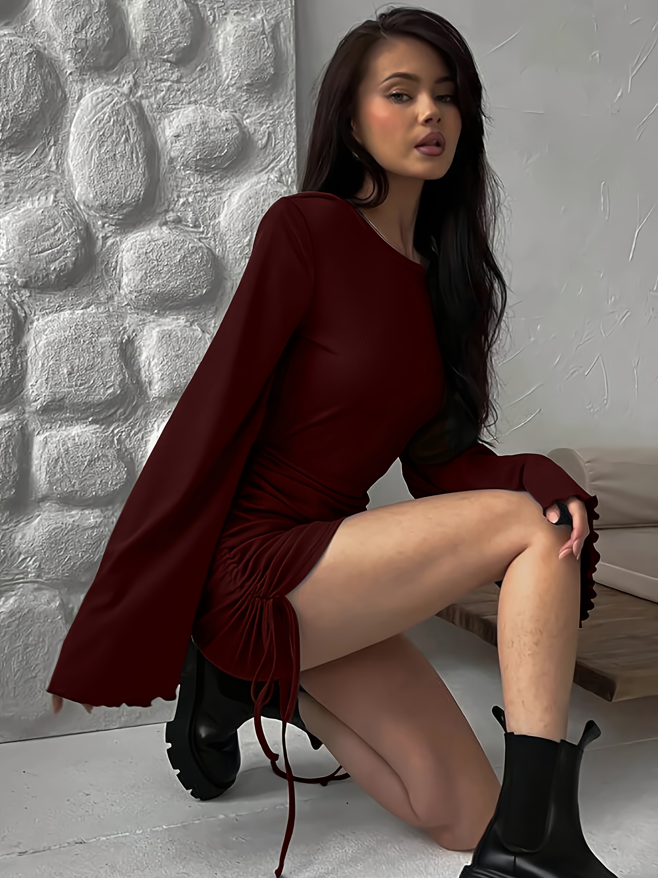 womens bell sleeve bodycon mini dress crew neck solid color - Temu Mauritius