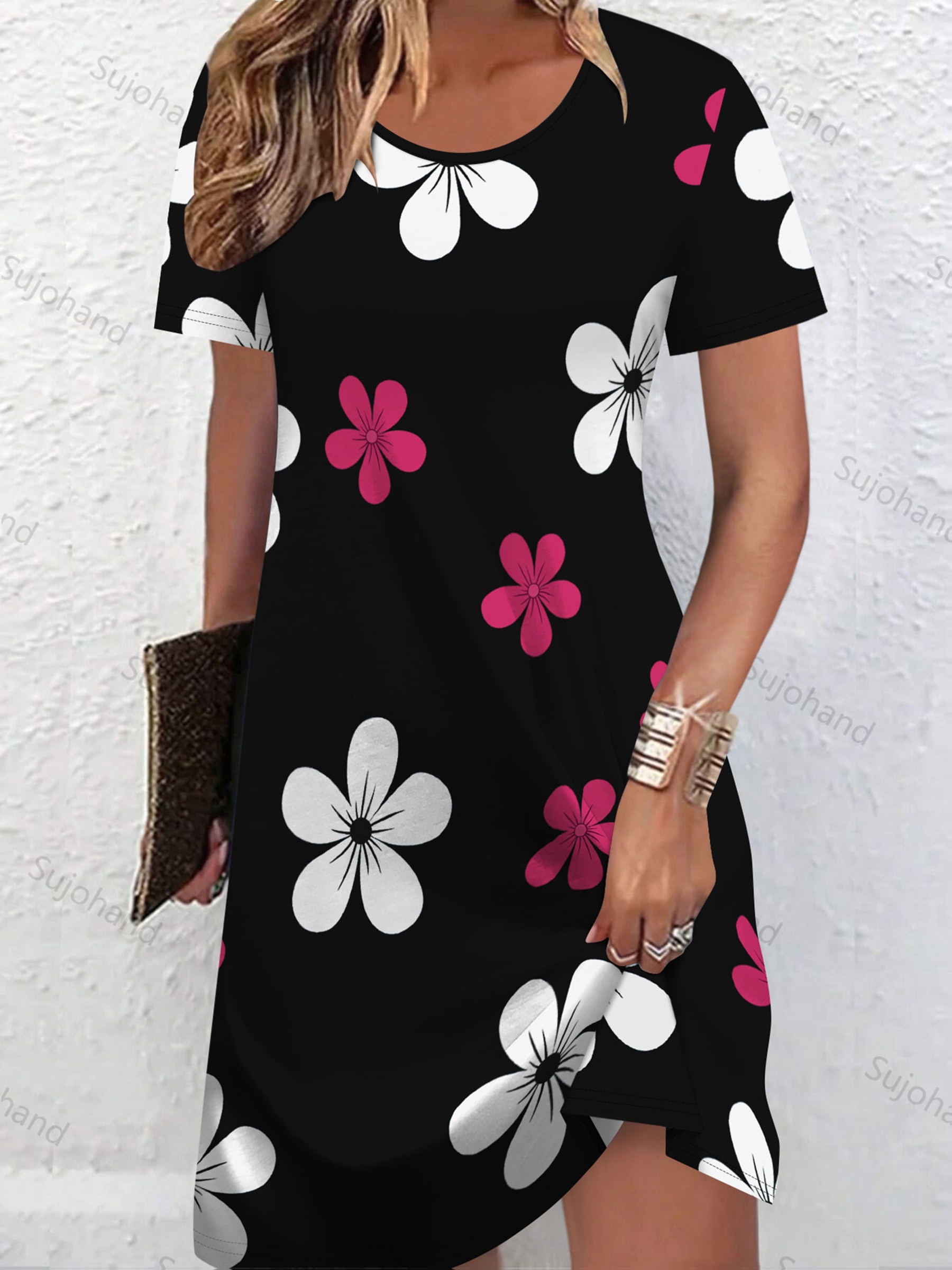 ladies half dress 2D Printed Elegant And Fashionable Casual Minimalist Abstract Floral Graphic Full-Printed Breathable Round-Neck Short-Sleeve T-Shirt Dress. New Summer Casual Short-Sleeve Women'S Dress. Women'S party dresses short tight