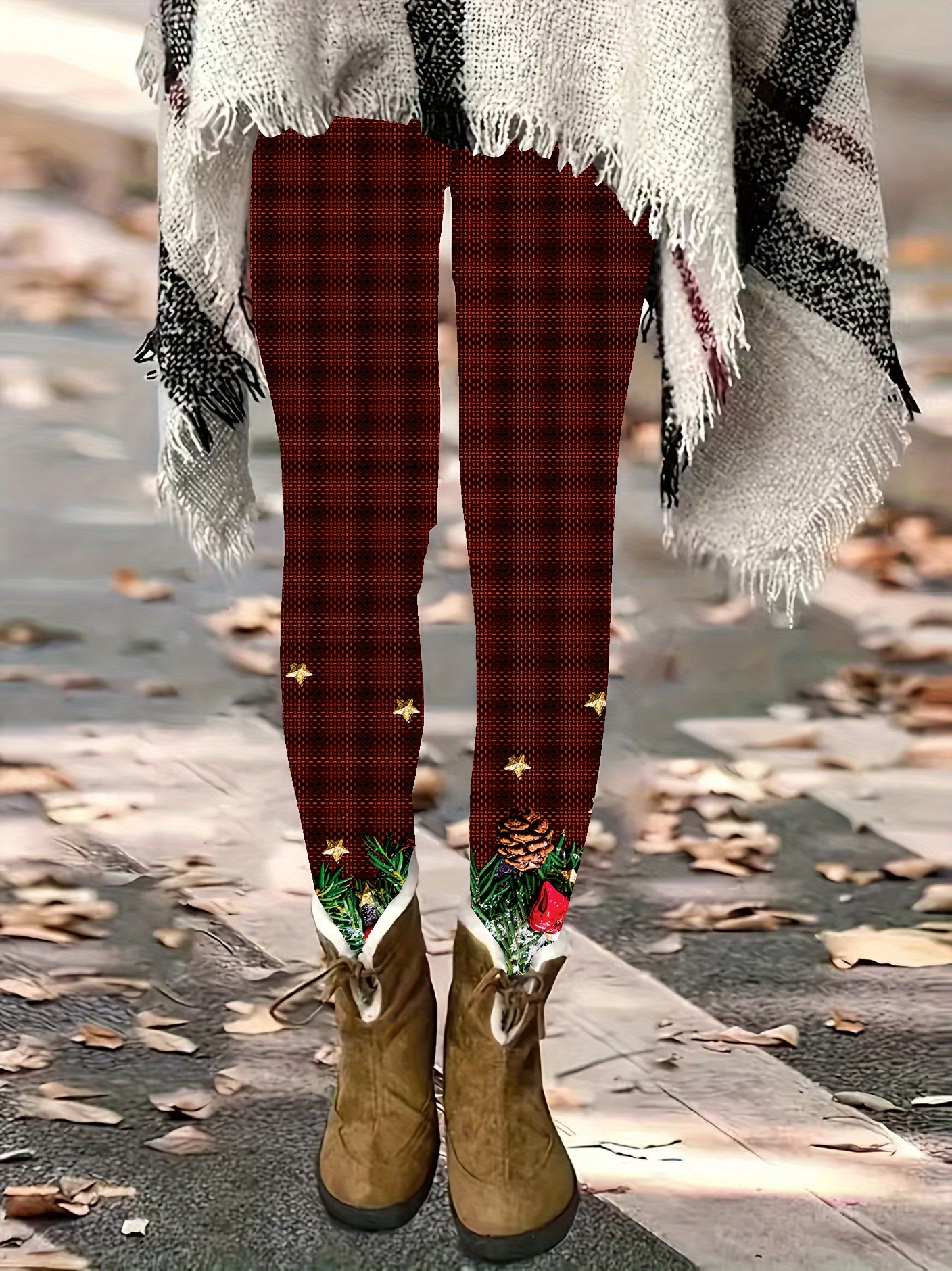 Women's Plus-Size Christmas Print Leggings Festive Holiday Pants with  Red Plaid, Stars Snowflakes Design, Stretchy Machine Wa