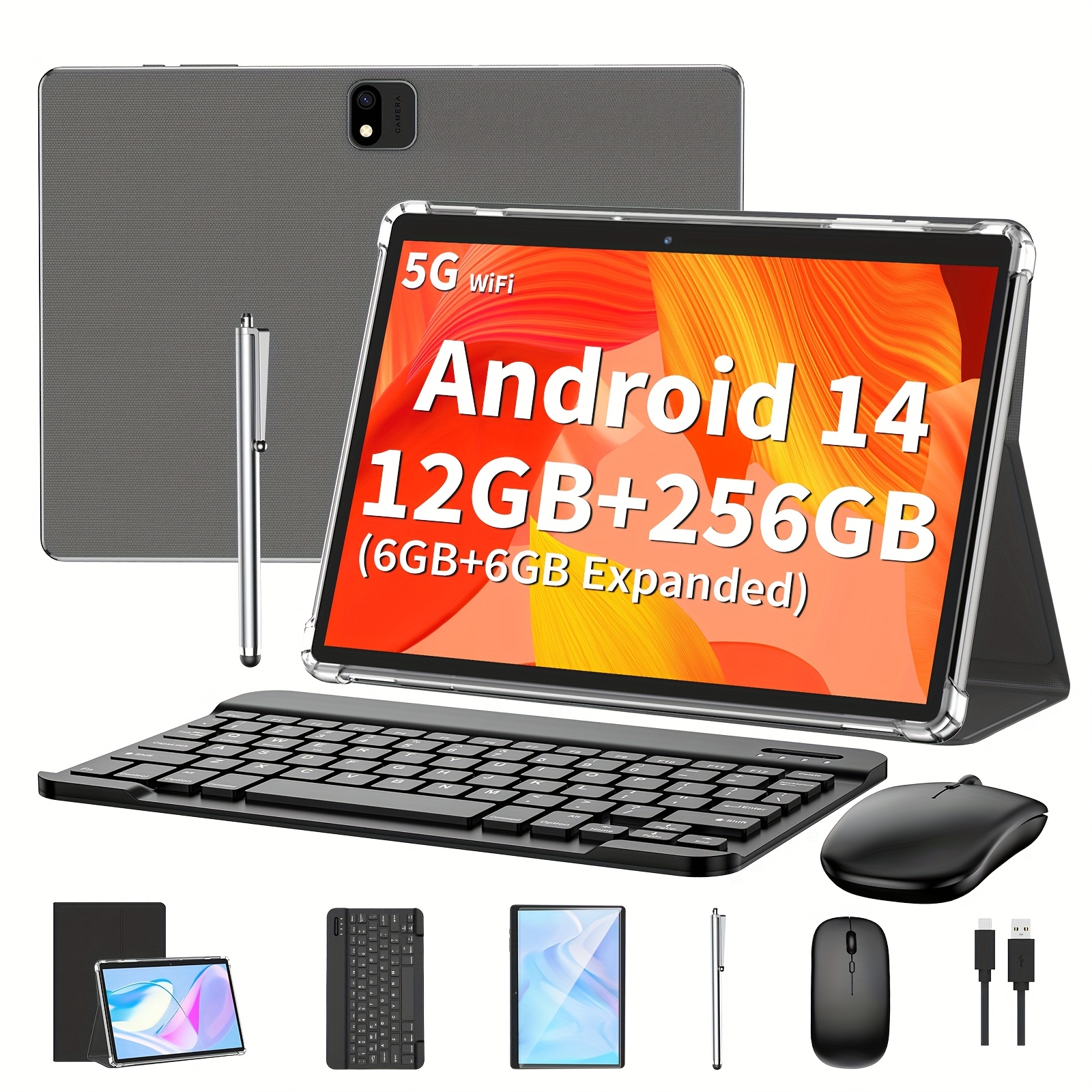 QDDQ 10 Inch/11 Inch Tablet Android 14, 2-in-1 Tablet With Keyboard, Mouse, Case, Stylus, 256GB Storage, 12GB(6GB+6GB Expanded) For RAM, Supports Expansion Of 1TB (TF Card Not Included), FHD IPS Touch Screen, 5+8MP Dual Camera, WiFi, Type-C (Without Adapter), Tablet, Pad