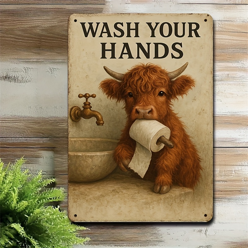 TEMU 2d Flat - 【2d Flat】 2d Flat - [2d Flat] [2d Flat] 1pc Retro Plaque Decoration Wash Your Hands Cute Brown Highland Calf Holding Toilet Paper With