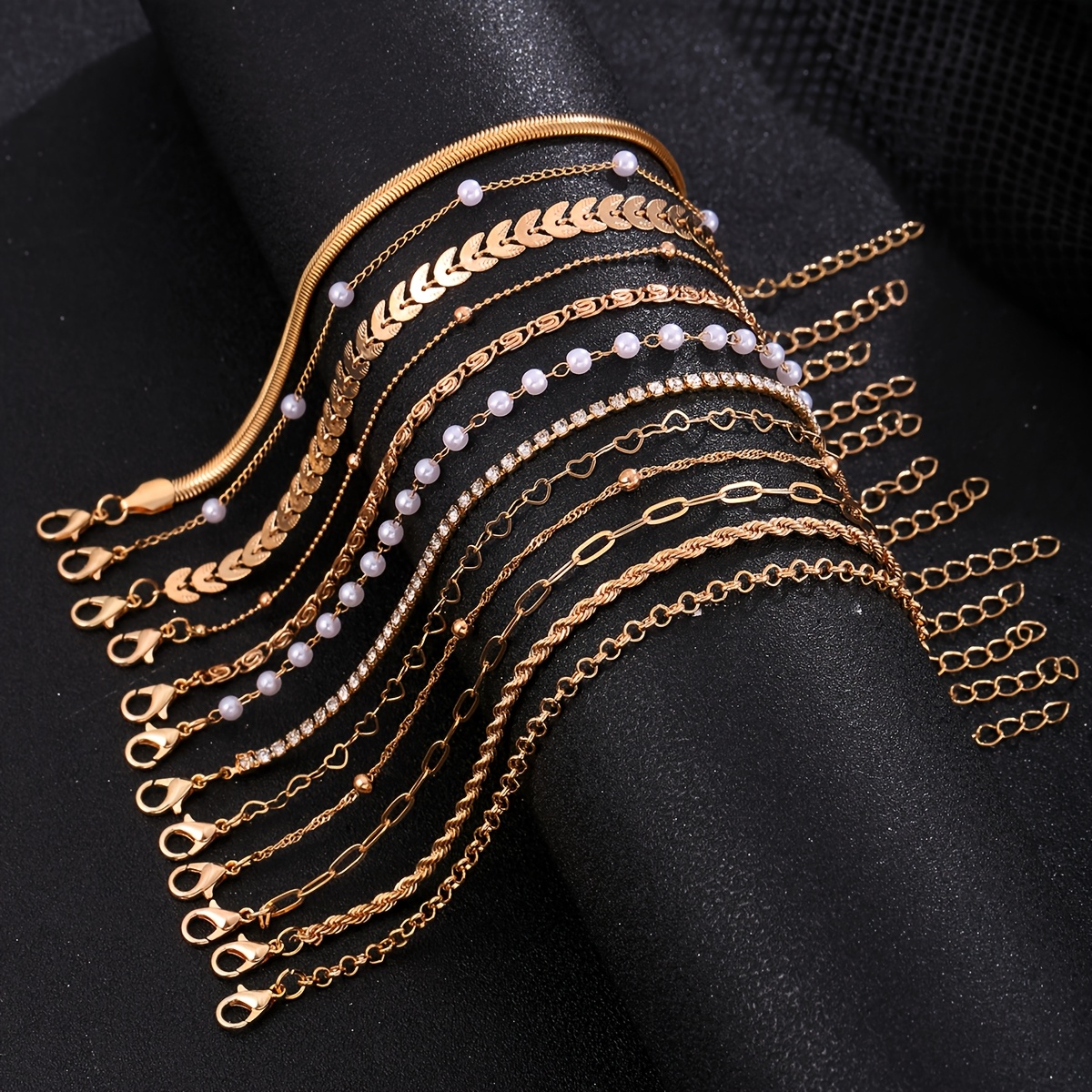 12pcs Elegant Faux Wheat Chain Multi-Layer Bracelet Set with Rhinestones