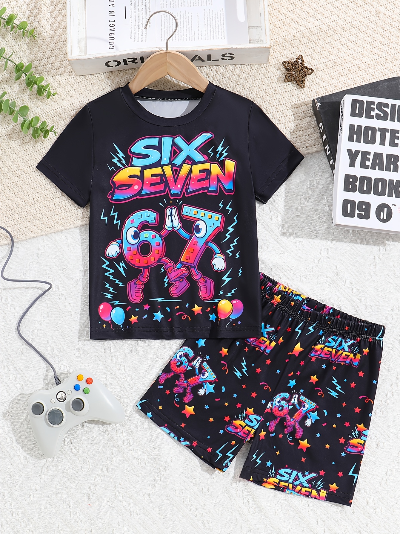 Boys Clothing, 4-12 Years Old Boys Set, Fashion Casual Athletic Round Neck Top And Shorts 67 ,   Pajama Set, Flame-Retardant Fabric, Suitable for Outdoor Wear