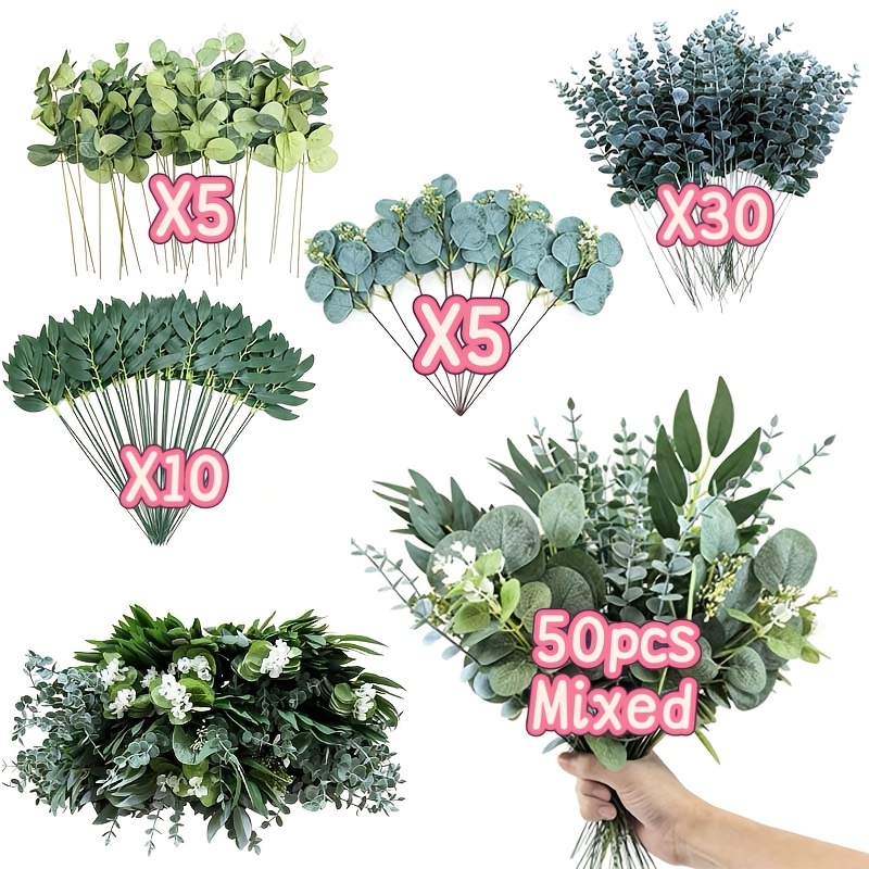 50pcs Bulk Eucalyptus And Stems Mixed Artificial Flowers, 4 Kinds Of Optional Artificial Eucalyptus Leaves, Diy Flower Bouquet Arrangement Home Decorations, Suitable For Wedding Christmas Decorations