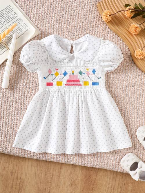 adorable girls outfit white short sleeve dress with lace trim cake bowknot embroidery perfect birthday gift for