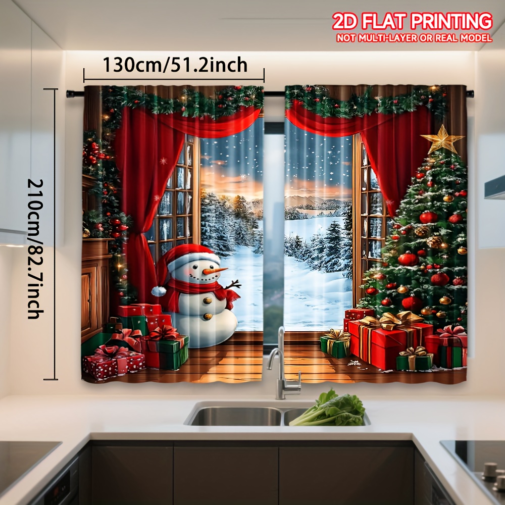 Image of 2pcs, 2d Christmas Winter Backdrop Rustic Wooden Curtain With Tree, Santa Claus, Snow, And Moon Suitable For And Parties
