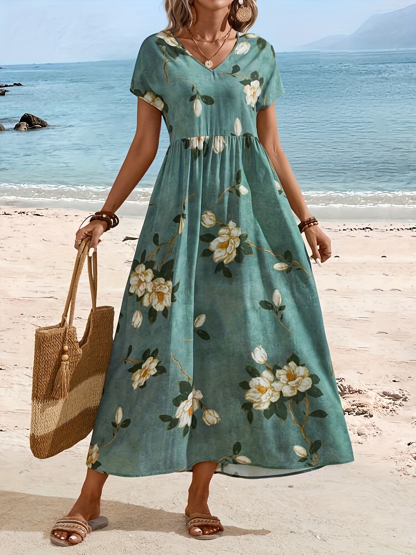 Casual Loose Womens Casual Summer Beach Dresses Women's V-Neck Loose Casual Summer  Beach Dress Yellow