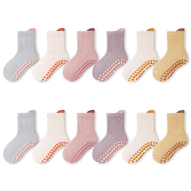 Image of 12 Pairs Kids Anti-slip Floor Socks - Soft, Breathable, Colorful Boys And Girls Indoor Walking Socks, , Ribbed Cuffs, Textured Grip Sole, Cute Socks, Fall And Winter Clothes