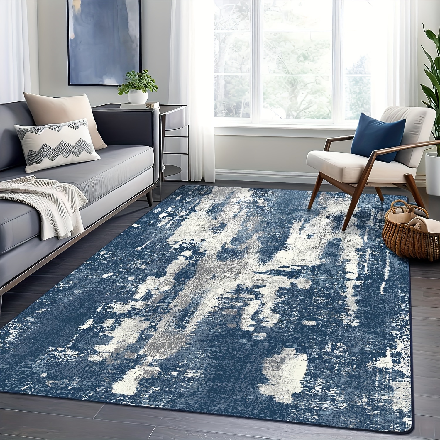 

Area Rugs For Living Room Bedroom Machine Washable Modern Abstract Soft Large Blue Rugs With Non Slip Backing, Floor Carpet For Dining Room