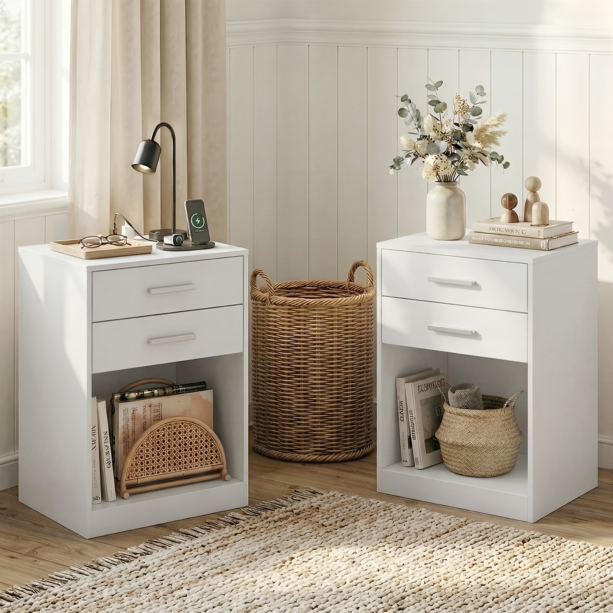 Nightstands Set Of 2, White Night Stand With Charging Station & Drawers, Night Stands For Bedroomsy For Hallway & Living Room