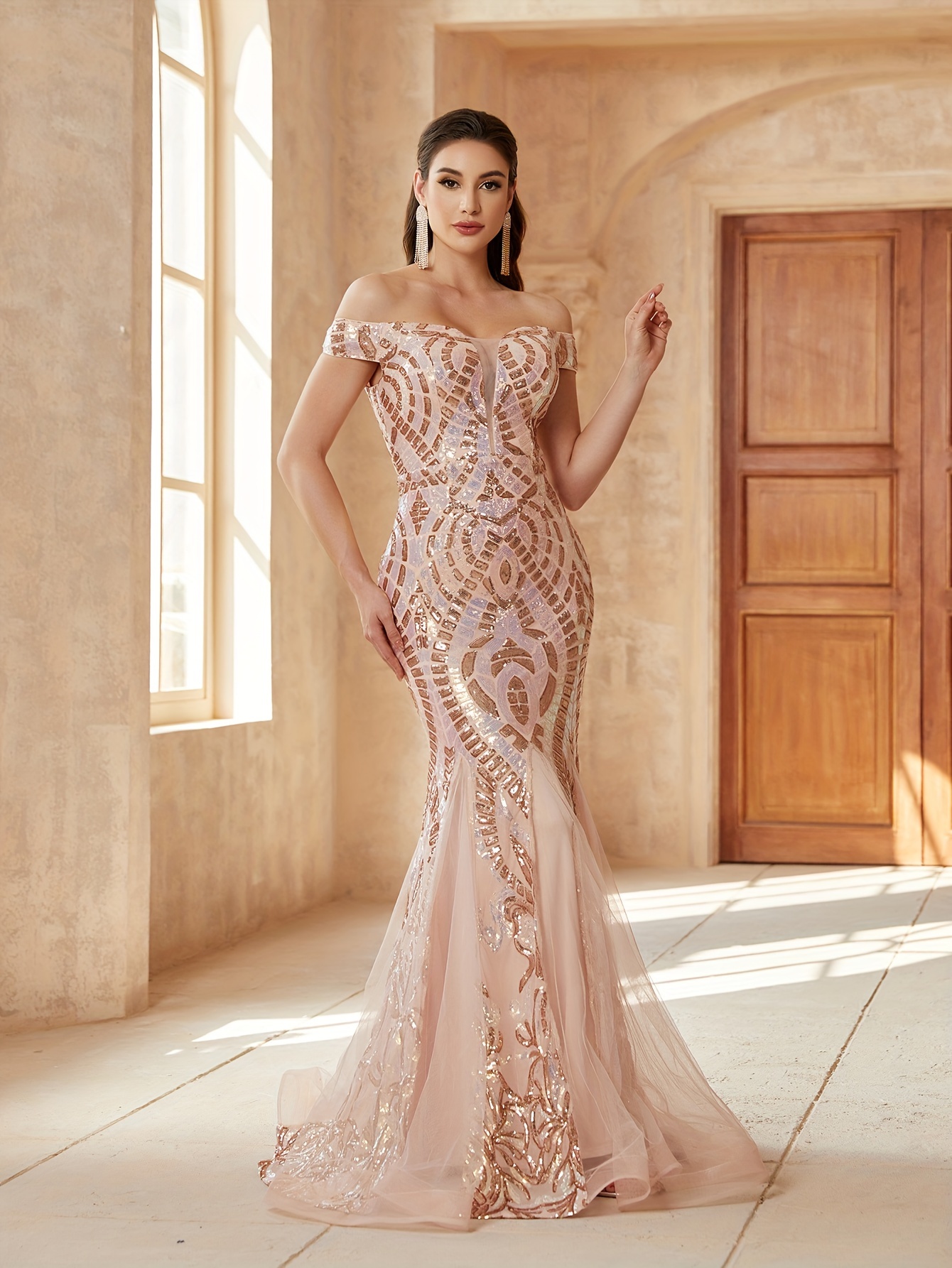 Moda Mujeres Elegantes Lentejuelas Hombros Descubiertos Manga Larga Novia Damas De Honor Vestido