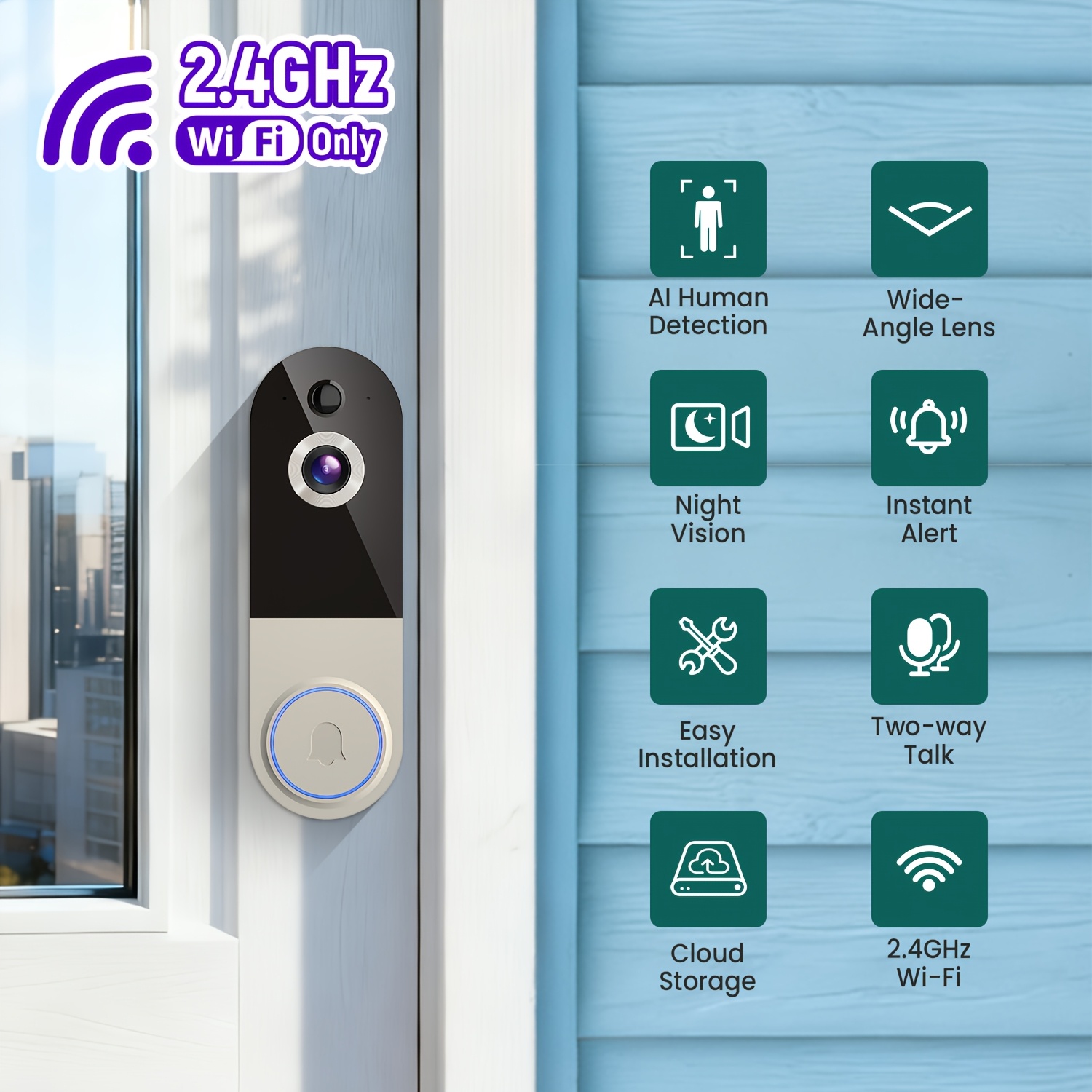 Image of 1080p Wireless Video Doorbell Camera, Battery Powered, Ai Human Detection, , Night Vision, Cloud Storage, Talk, , 2.4ghz Wifi Only, Package Detection Smart Doorbell, Wifi Doorbell (without Receiver)