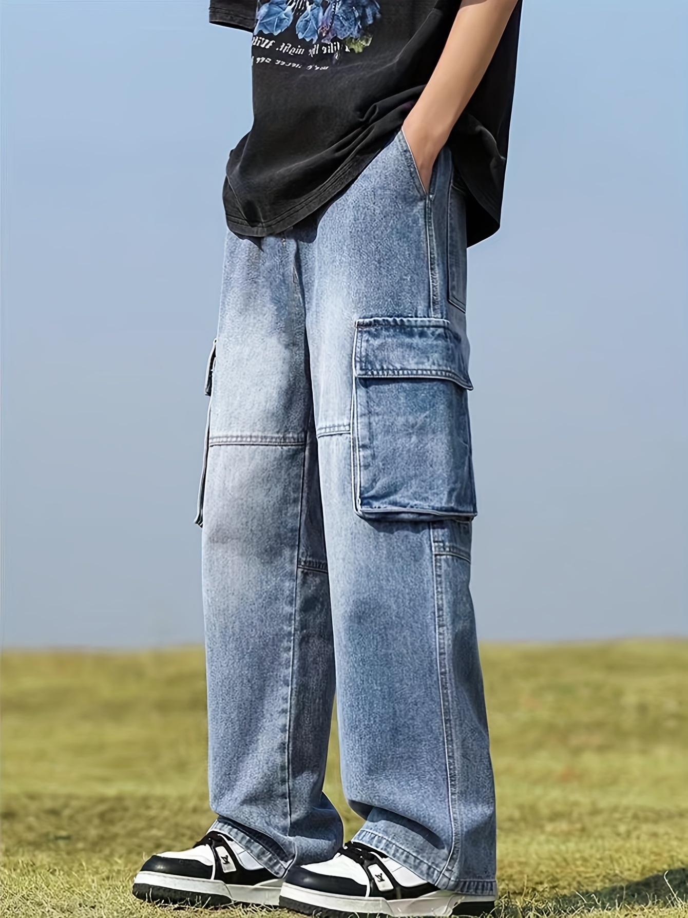 Teen Boys' Oversized Cargo Jeans Heavy-Duty Workwear Style with Large  Utility Pockets, Loose-Fit Straight-Leg Long Pants for Casual Outdoor 