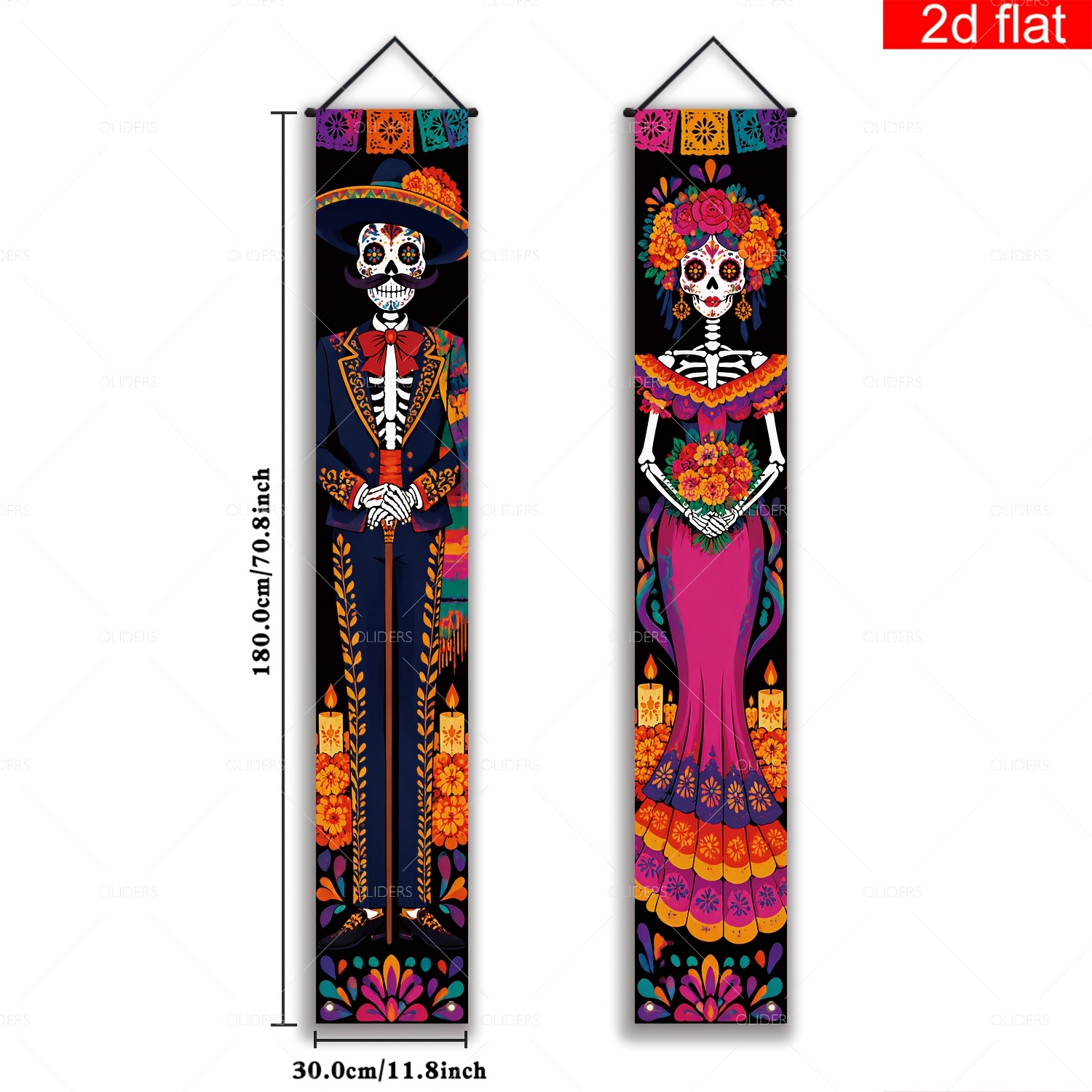 TEMU 2D Flat, 2D Flat - 2D Flat Banner, 2 Stück Mexikanischer Tag der Toten Hauptschlüsselbucht Banner, Polyester, Ethnische Totenkopf, Blumen,
