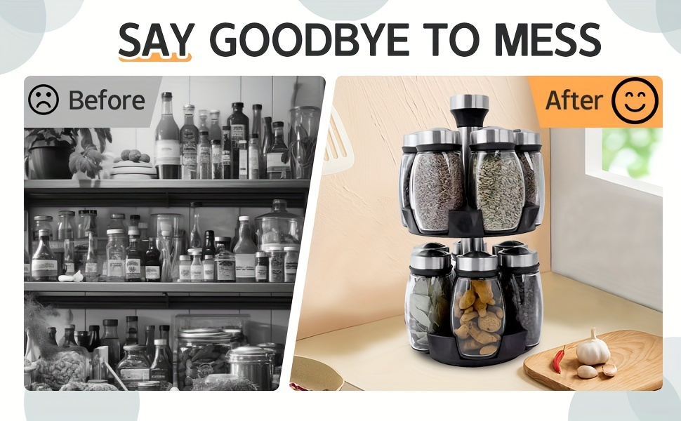 12-Jar Double Deck Rotary Spice Rack Organizer, Glass Countertop Spice Holder with Step Shelf, Reusable Labels & Funnels, Multifunctional Kitchen Spice Storage System