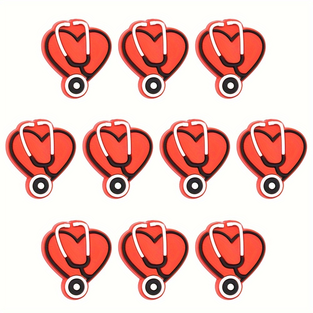 TEMU 10pcs Set Heart-shaped Medical Stethoscope Beads - Red, Cartoon Patterns For Making, Bracelets & Pen Decorations