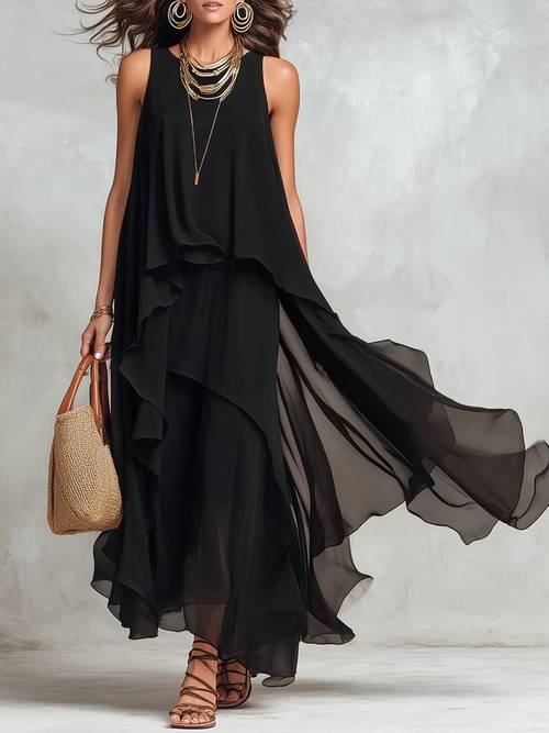 immagine dell'articolo elegante da donna in chiffon - abito da spiaggia senza maniche con - silhouette a linea, vestibilità , scollo - abito per , feste, matrimoni, abito in chiffon lavabile in lavatrice