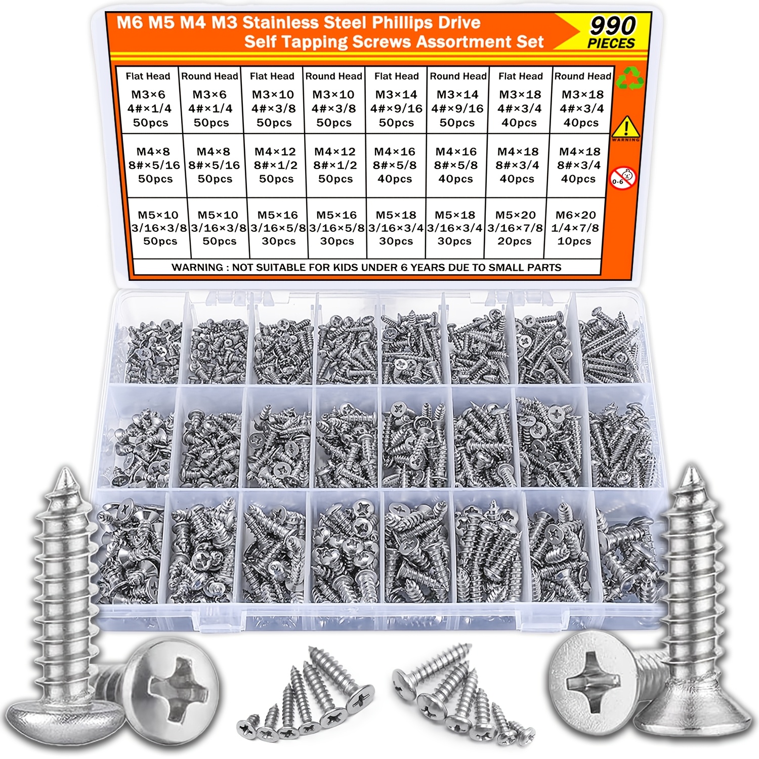 Image of 990pcs Self Tapping Screws Assortment Set, M3/m4/m5/m6 Stainless Steel Sheet Metal Screws, Phillips Drive Wood Screws Set For Deck Thin Metal Sheets And Plastics Screws (500pcs , 490pcs Round Head)