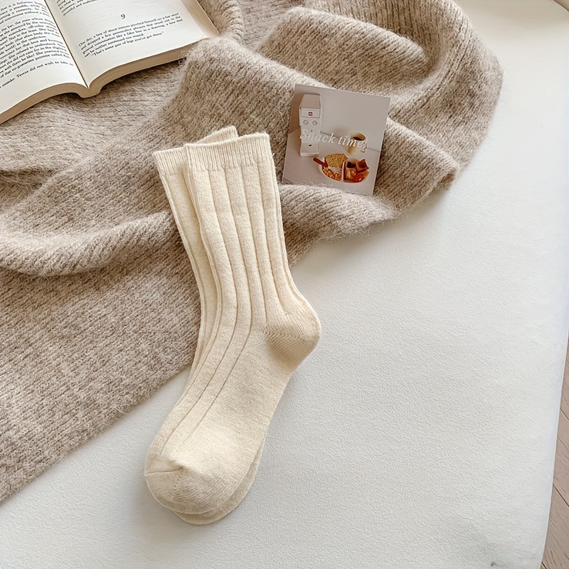 2-pair Pack Of Autumn/winter Solid Color Wool Socks For Women, Mid-calf, Thickened, Warm And Cold-proof, Striped Wool Socks, Slouch Socks