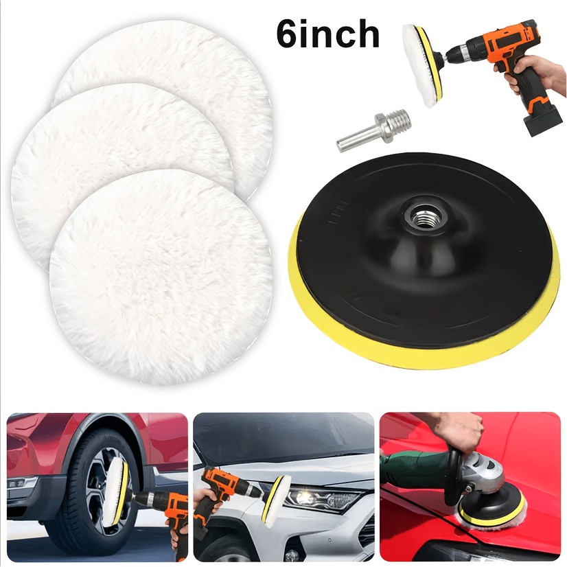 TEMU 5pcs Car Buffing Set, 6inch Wool Polishing Pads, M14 Polishing Waxing Sponge Wheel Kit, With Car Polishing Machine Drill Adapter, For Care And