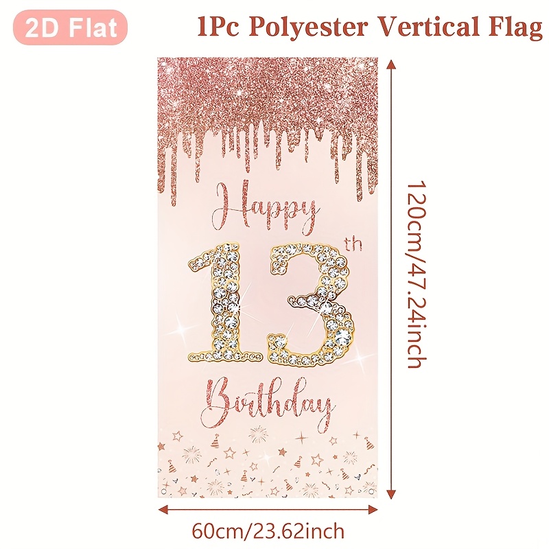 Image of 1pc,happy 13th Birthday Hanging Banner,60*120cm,rose Golden Birthday Polyester Vertical Flag,happy Birthday Party Decoration,13th Birthday Party Hanging Decor,birthday Party Supplies