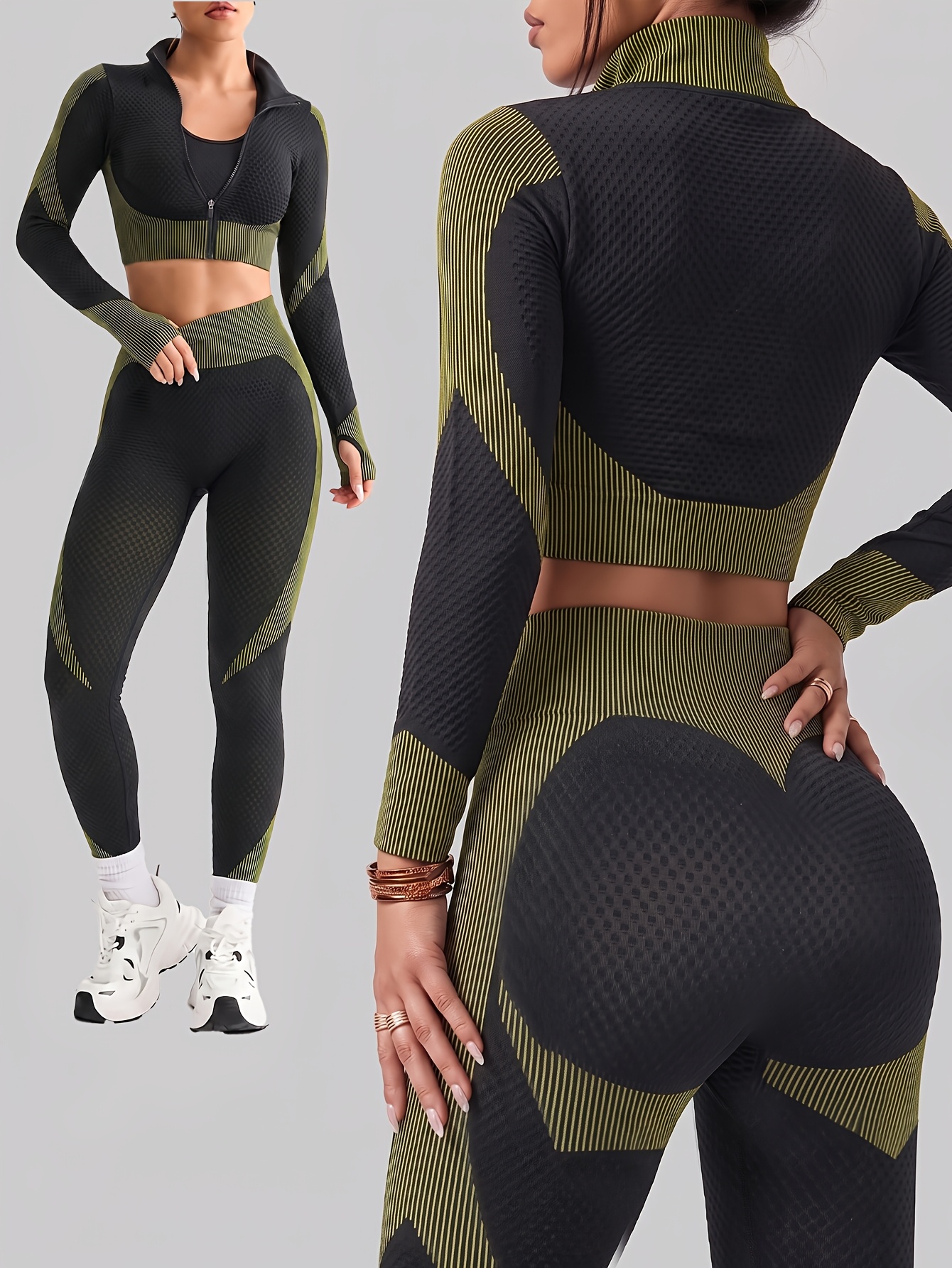 Women's 2pcs Honeycomb Textured Color Block Workout Set, Half Zip Stand Collar Long Sleeve Crop Jacket & High Waist Scru