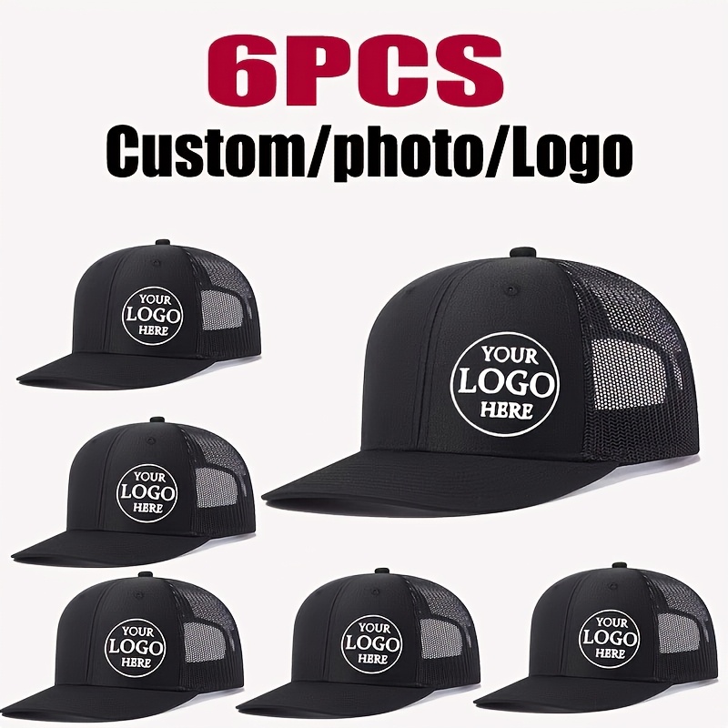 TEMU 6 Customizable Logo Trucker Hats - Breathable Mesh Baseball Caps With Adjustable Back Closure, Ideal For Outdoor Activities And Personalized
