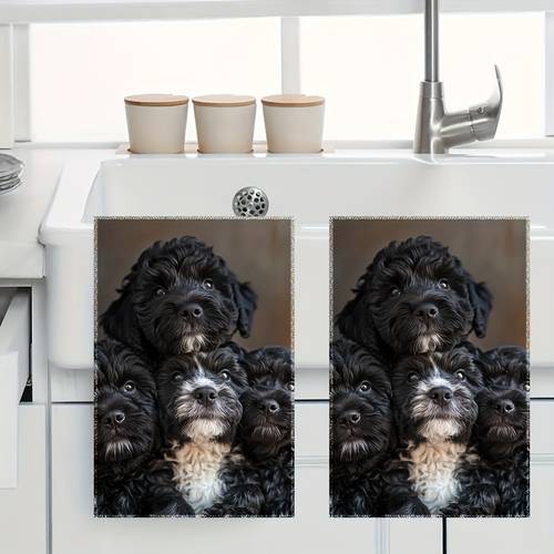 lot de 2 torchons à vaisselle à motif de groupe de chiots à poils bouclés noirs et , pour et le nettoyage ménager, pour nettoyer la vaisselle et les plaques de cuisson, convient aux et aux des animaux, utilisé cadeau danniversaire
