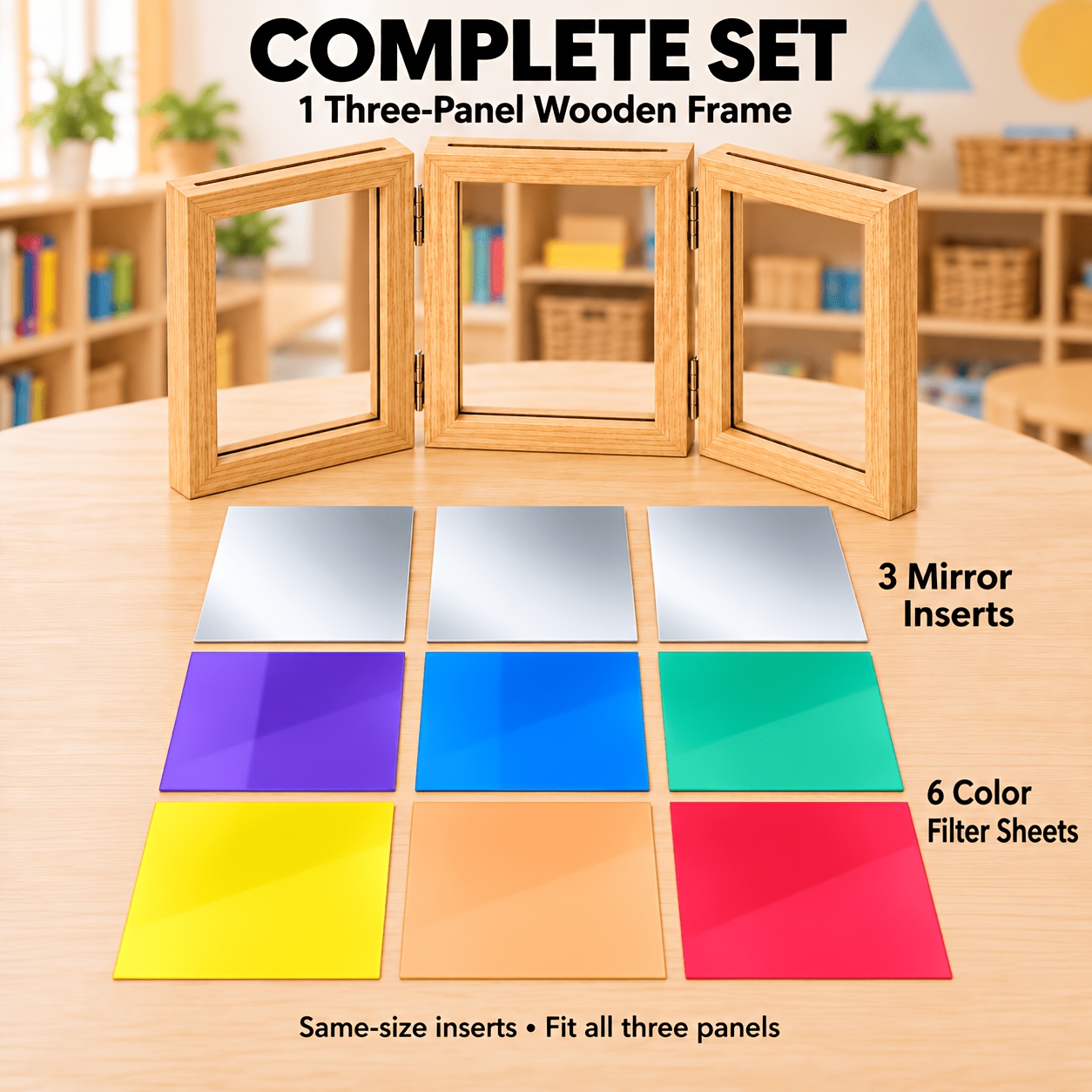 TEMU Wooden 3-panel Mirror Colored Translucent Sheet Set, Includes 6pcs Transparent Color Sheets, Light And Shadow Reflection Overlapping Color