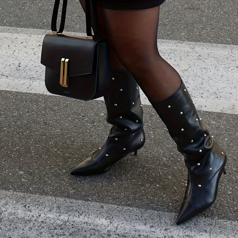 womens calf studded boots pointed toe wide calf stiletto Temu