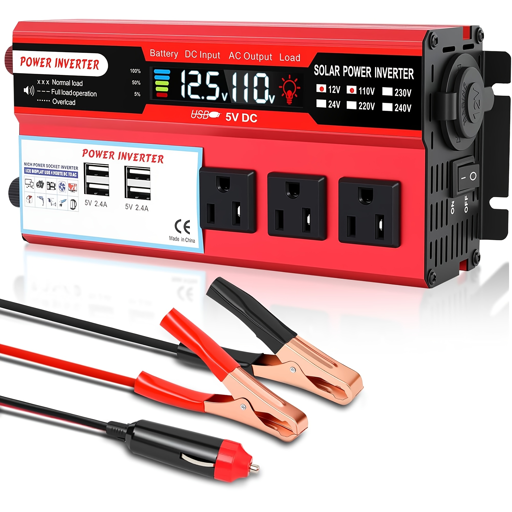 Portable 2000w Vehicle Power Inverter, 12v To 120v Ac Pure Sine Wave Converter With Lcd Display, Dual Ports For Car, Camping & Daily Use