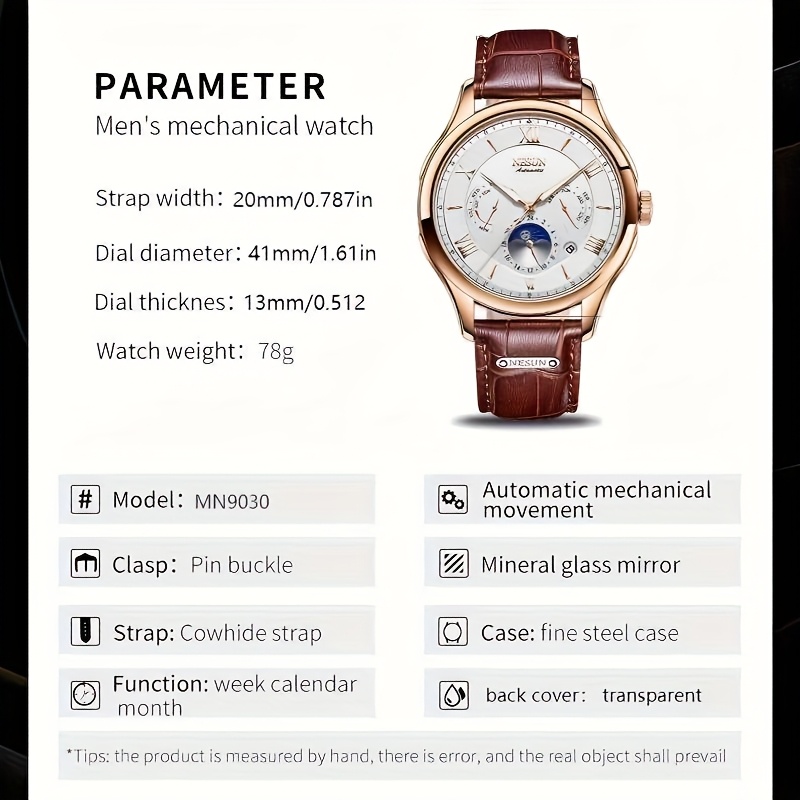 Men's Multifunctional Stainless Steel Mechanical Watch with Leather Strap