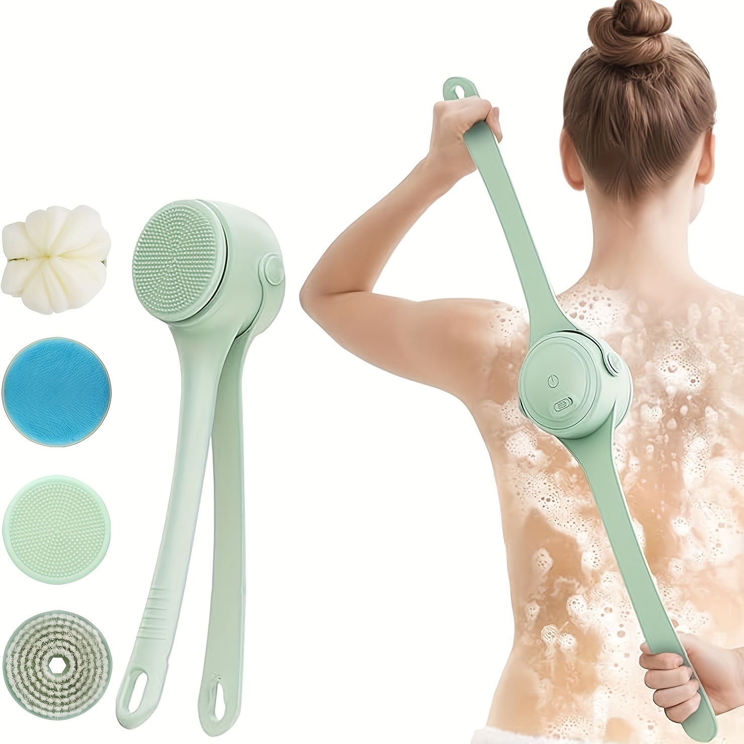 SENBOWE Electric Body Brush Back Scrubber Designed for Use in The Shower, Featuring a Long Dual Handle And Three Interchangeable Heads. This Rechargeable Bath Brush Offers Three Speed Settings for Effective Cleansing, Exfoliation, And Skin Massage.