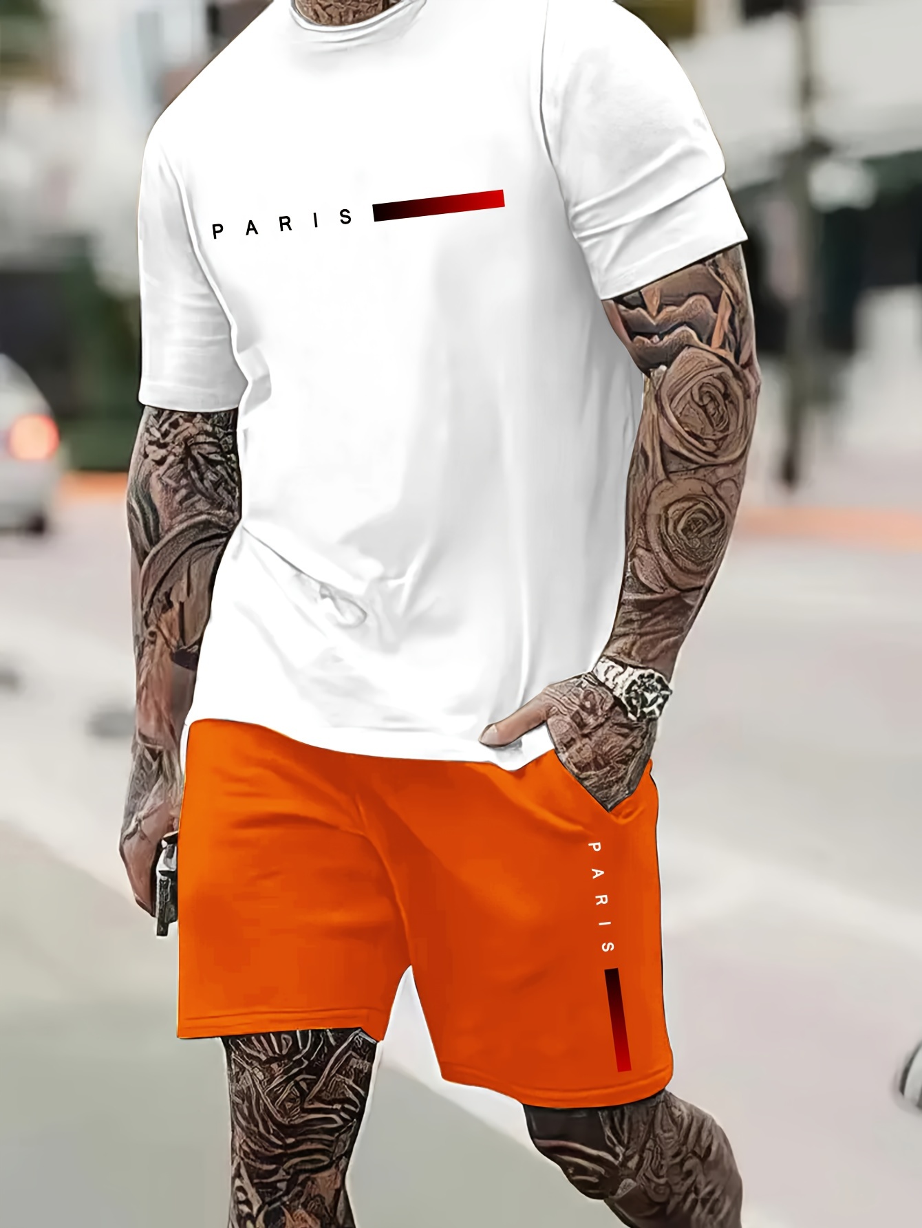 paris pattern print short sleeve round neck t shirt jogger shorts set summer 2pcs comfy outfits for men details 5