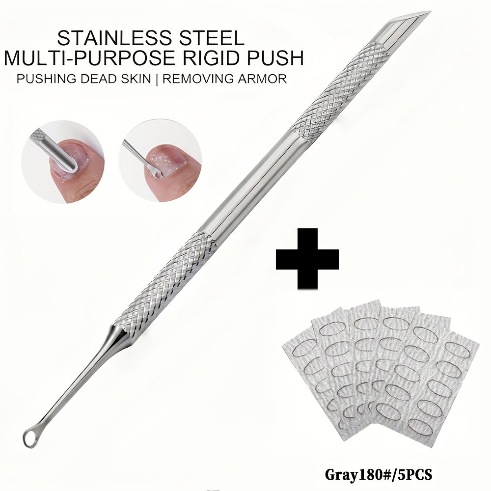 6pcs Set Double-ended Steel Pusher + 5 Replaceable Sandpaper Files, Manicure And Pedicure Beveled Circle Steel Pusher Double-ended Cuticle Remover Nail Tool Pre-sand File Manicure Tool