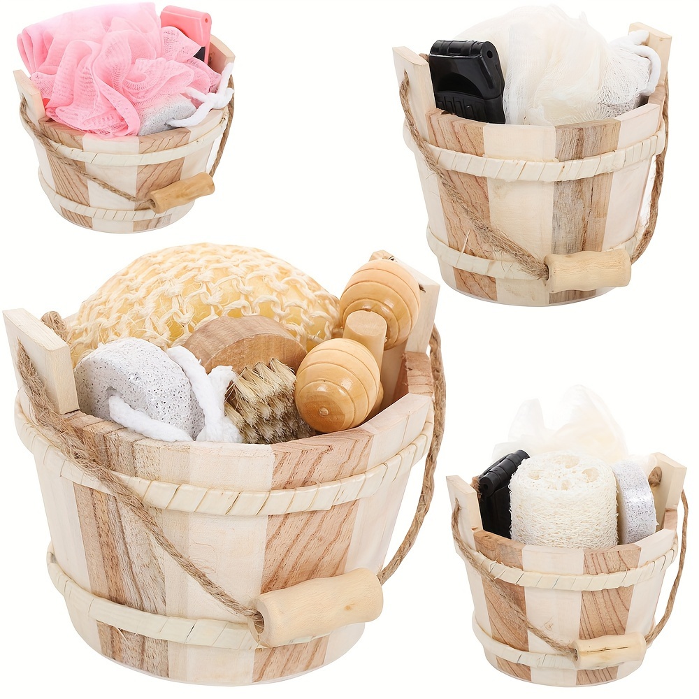 

High-quality Bath Set With Wooden Bucket - Includes Massage Brush, Foot Stone, Mesh Pouf, Nail Brush & Hair Comb - Bathroom Supplies Bath/bathroom Accessories. No Batteries Required