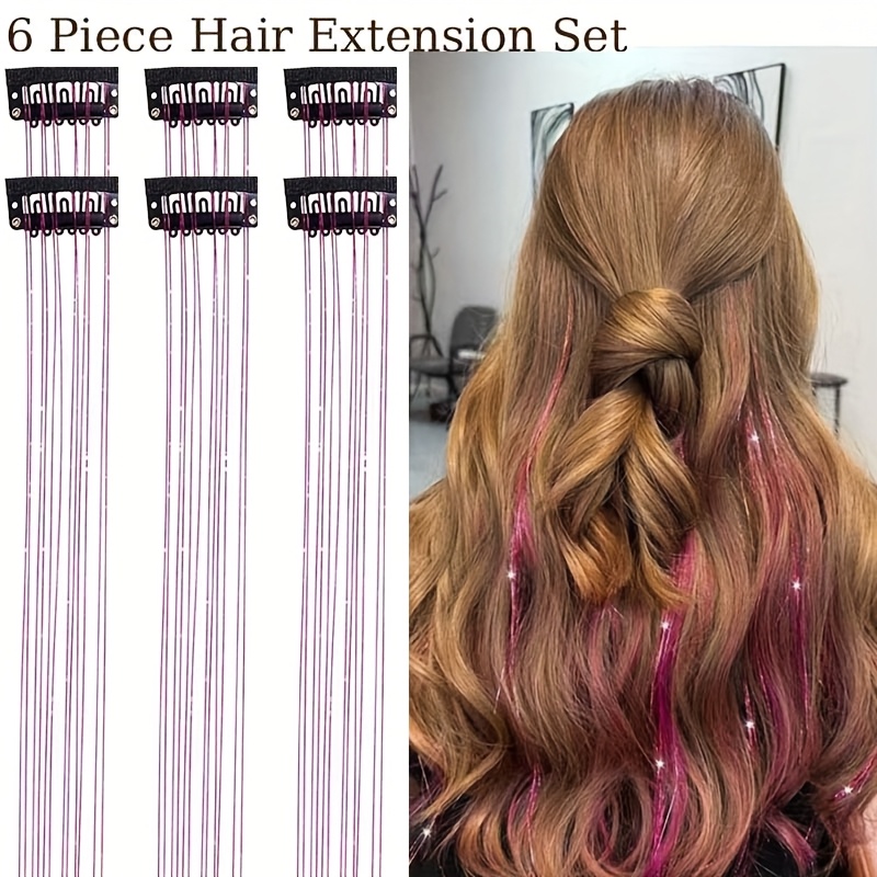 TEMU Synthetic Hair 6pcs Clip On Synthetic Hair Bundle 20 Inch Shining Fairy Color Hair Accessories Set Suitable Christmas Use For Women' Festivals