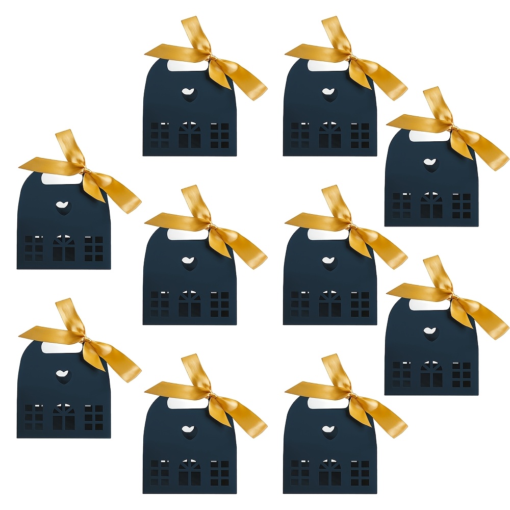 TEMU Gift For Her/him 10pcs Classic Merry Christmas House-shaped Gift Boxes With Bright Ribbons For Treats, Desserts, Fancy, Bakery Packaging