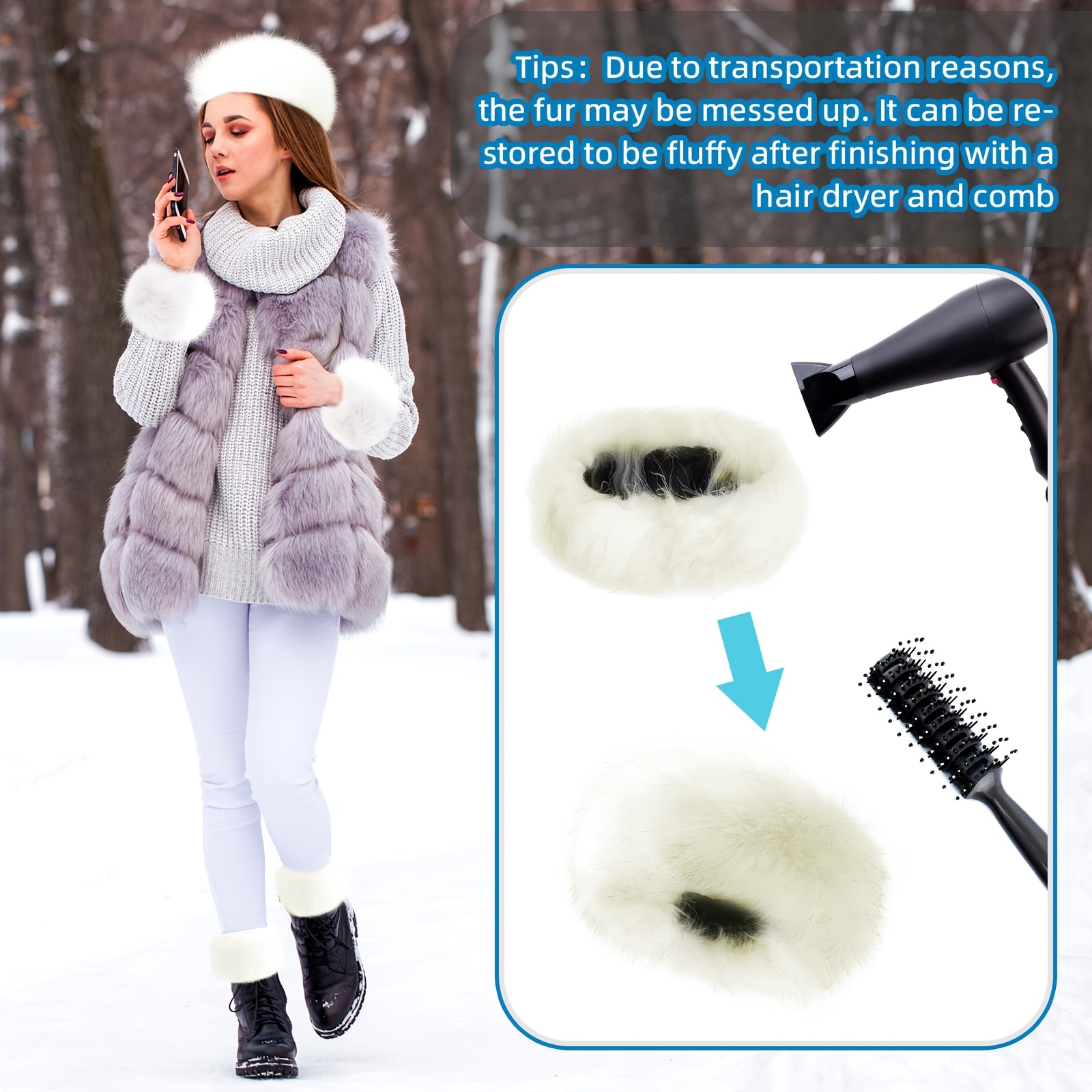 Faux Fur Headband Set Warm Wrist Leg Cuffs Winter Accessories for Girls 3 Pieces Faux Fur Headband Set Ear Warmer Headwrap Furry  main image 3