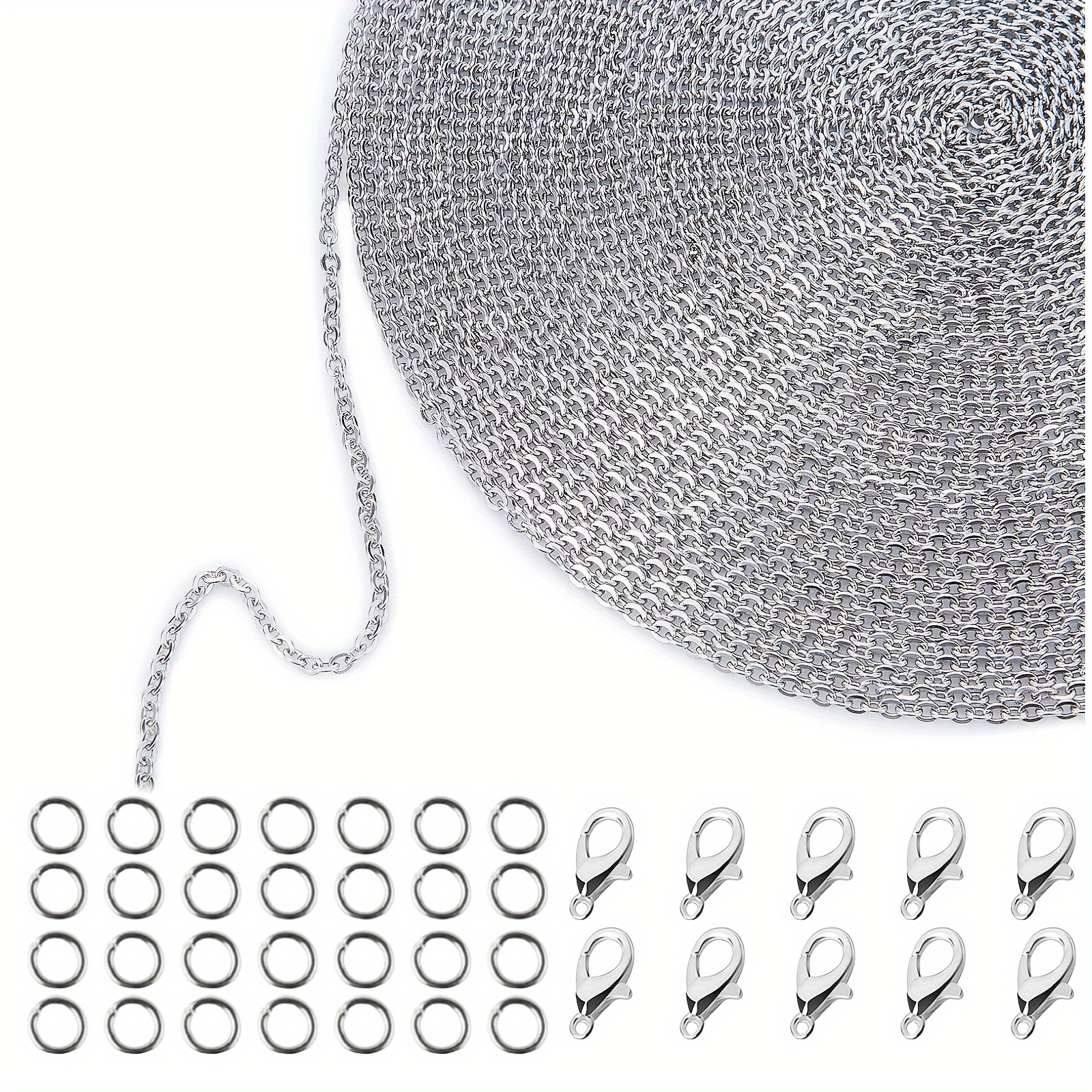 Image of About 10 Meters/33 Feet 2mm Silvery Jewelry Making Chain With Spool, 20pcs Lobster Clasps, 50pcs Metal Rings, For Handmade Jewelry Making, Craft Making