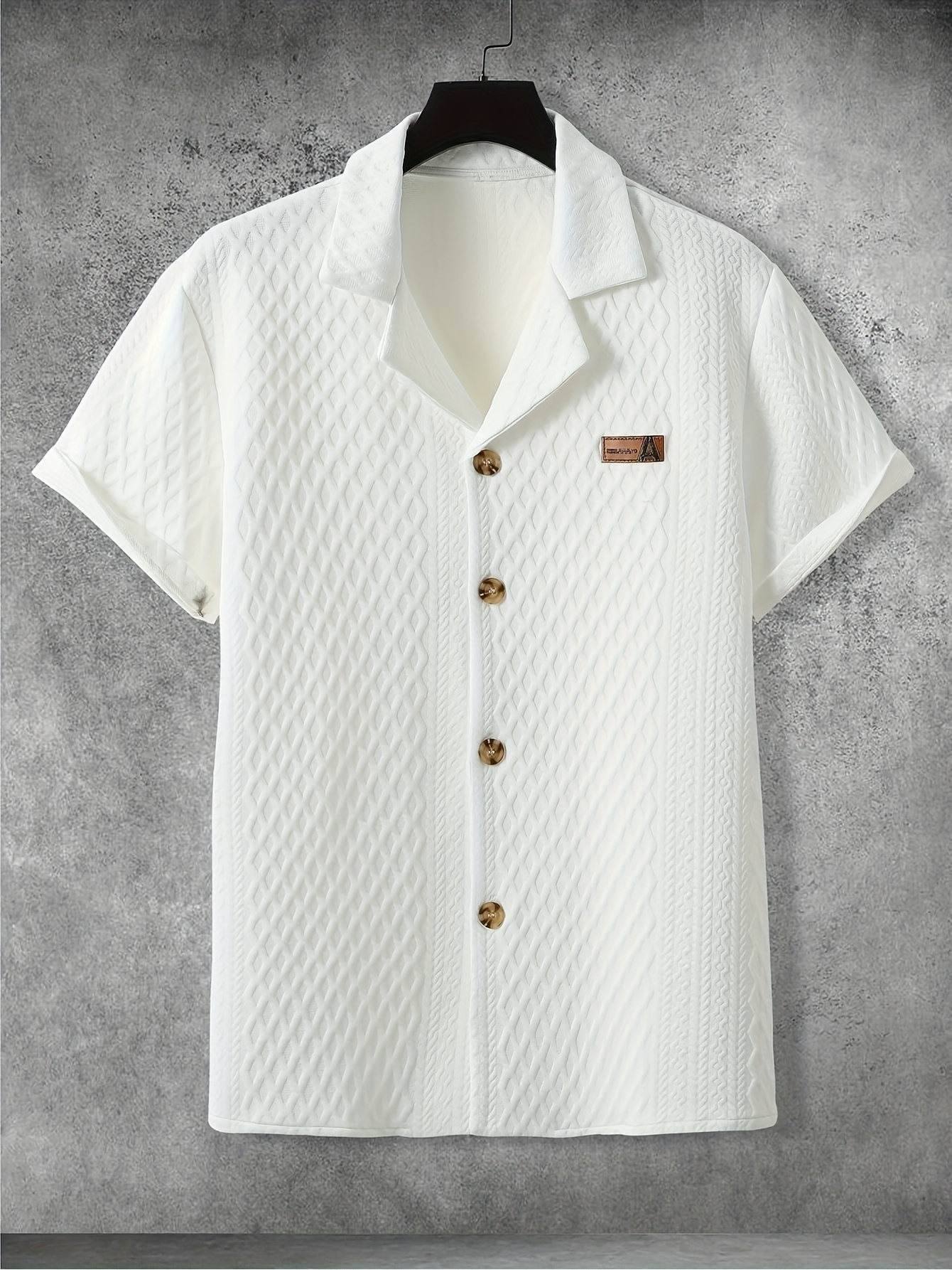 mens casual short sleeve button up shirt with embossed pattern lightweight polyester summer lapel collar style regular fit ideal for casual attire shirt for me details 1