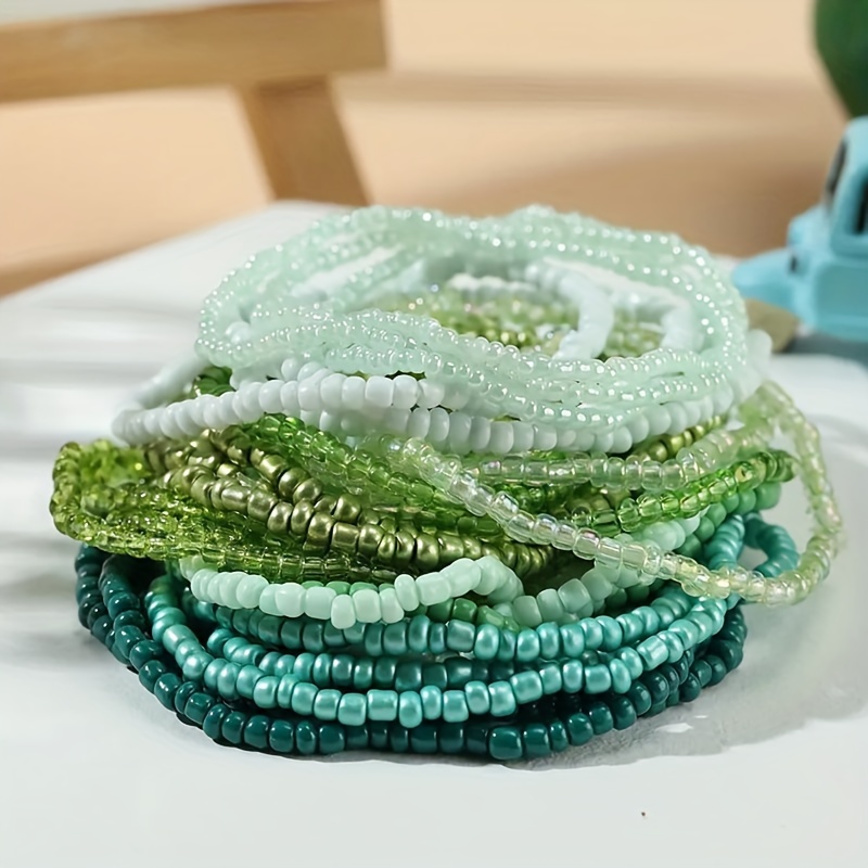 Green Rice Beads Layered Bracelets Set - 10pcs
