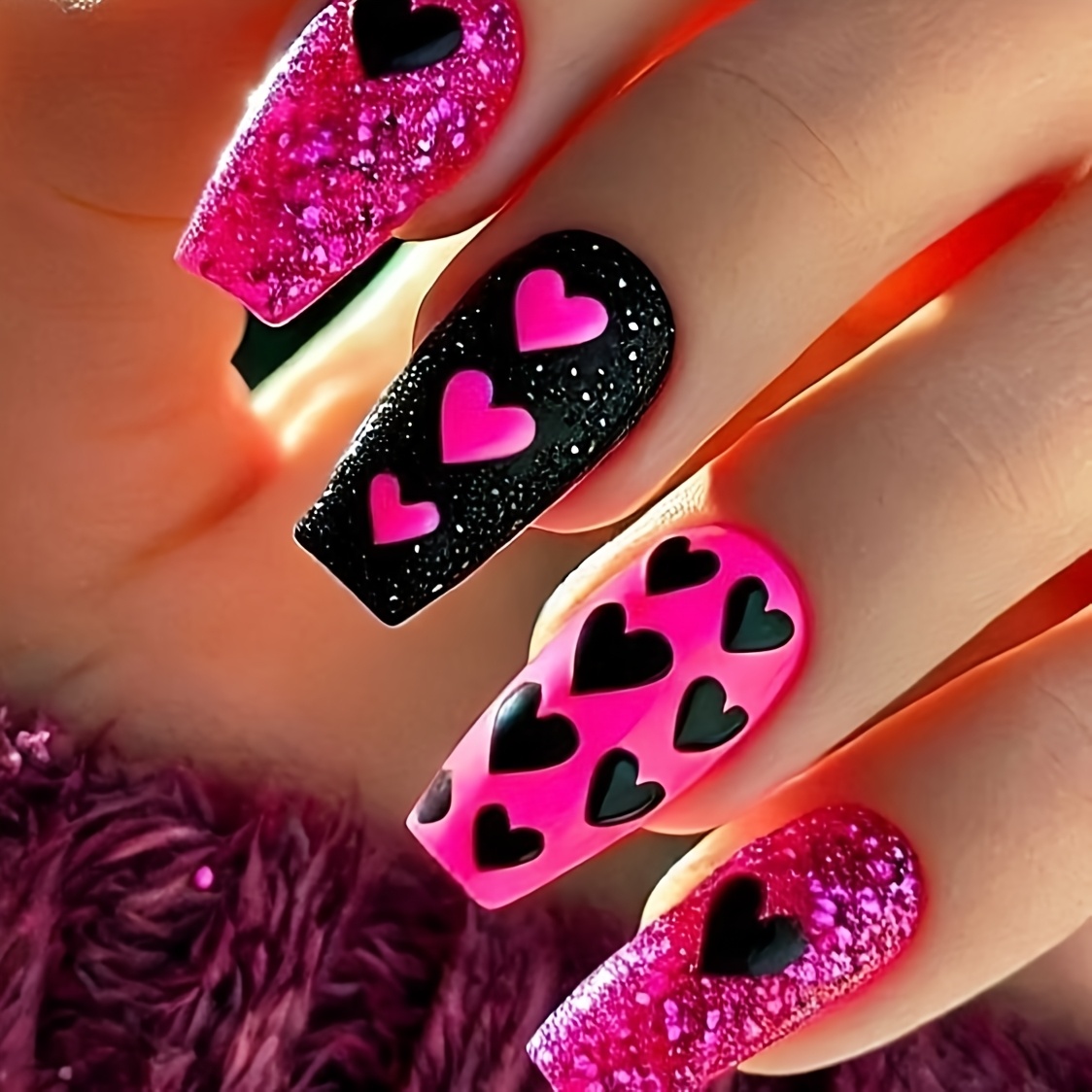 TEMU 24pcs Valentine's Day Sparkling Heart Nail Art - Glossy Removable Ballet Nails Suitable For, Wearable Press- Nails With Heart Patterns, Ideal For Parties & Romantic Events (no)