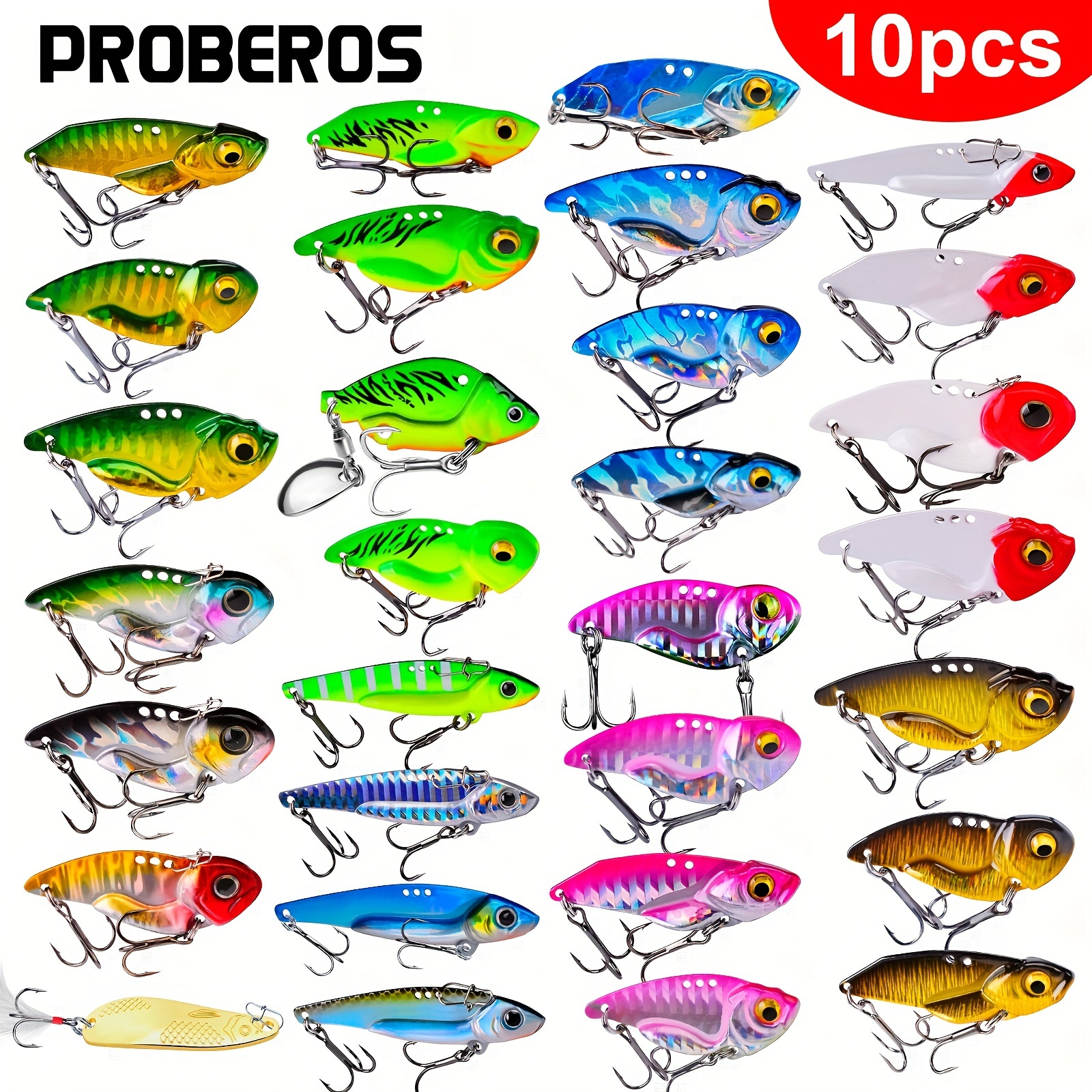 

Proberos 10pcs Metal Vib Bionic Fishing Lures Set, Artificial Hard Spinner Jigbaits With Sharp Hooks For Freshwater Saltwater