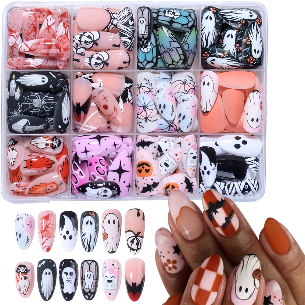 TEMU 288pcs (12 Styles) Halloween Long Almond-shaped Press-on Nails Set, Featuring, , Blood Drops, Bat, Web, And Pumpkin Designs In French Style.