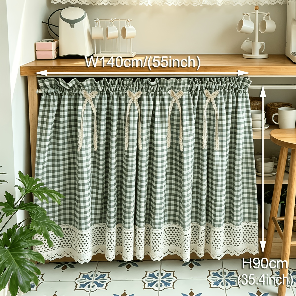 TEMU 1pc, Small Curtain, Bohemian-style Beige Geometric Openwork Crochet Lace With Bow Decoration, Suitable For Kitchen, Cabinet, Entryway Shoe