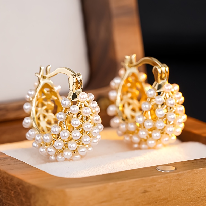 E-shop Elegante, luxuriöse Kunstperlen-Hoop-Ohrringe mit Einfassung für Damen, Hochzeiten, , Französischer Stil Schmuck, , Urlaub, Exquisite Ohrringe,