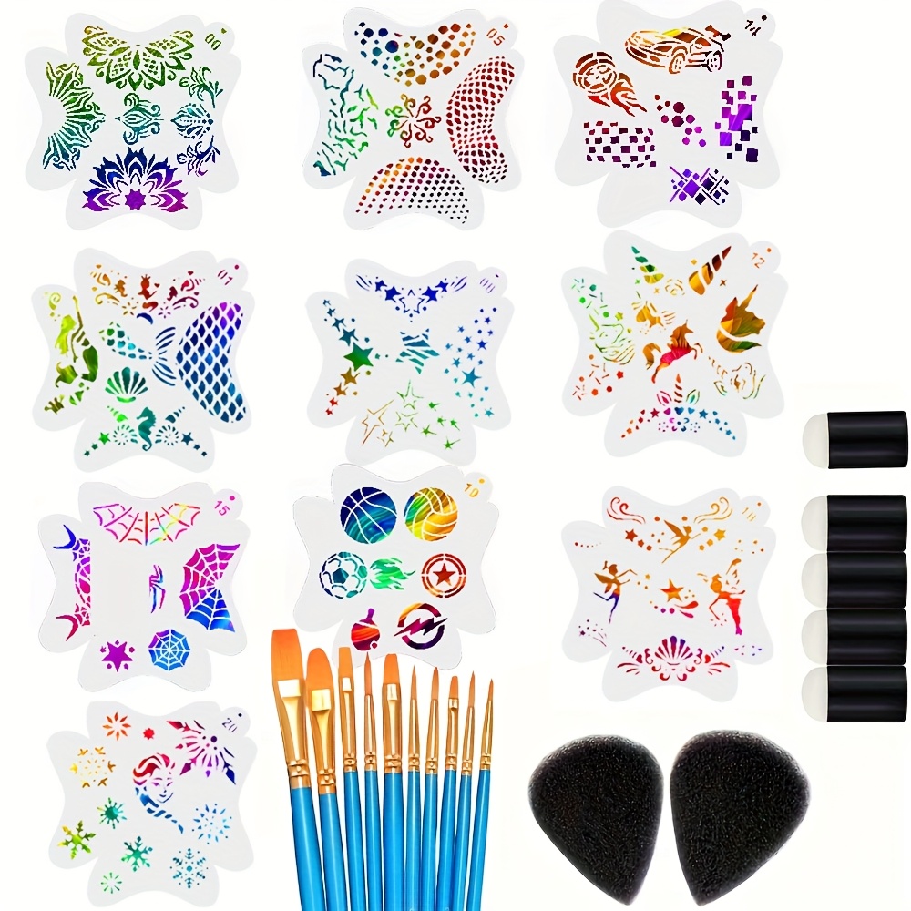 27pcs face painting template set 10pcs face painting template   with 10 brushes   sponges 2 teardrop shaped sponges easy to clean and reusable face painting tools suitable for parties halloween music festivals carnivals cosplay facial makeup templates 0