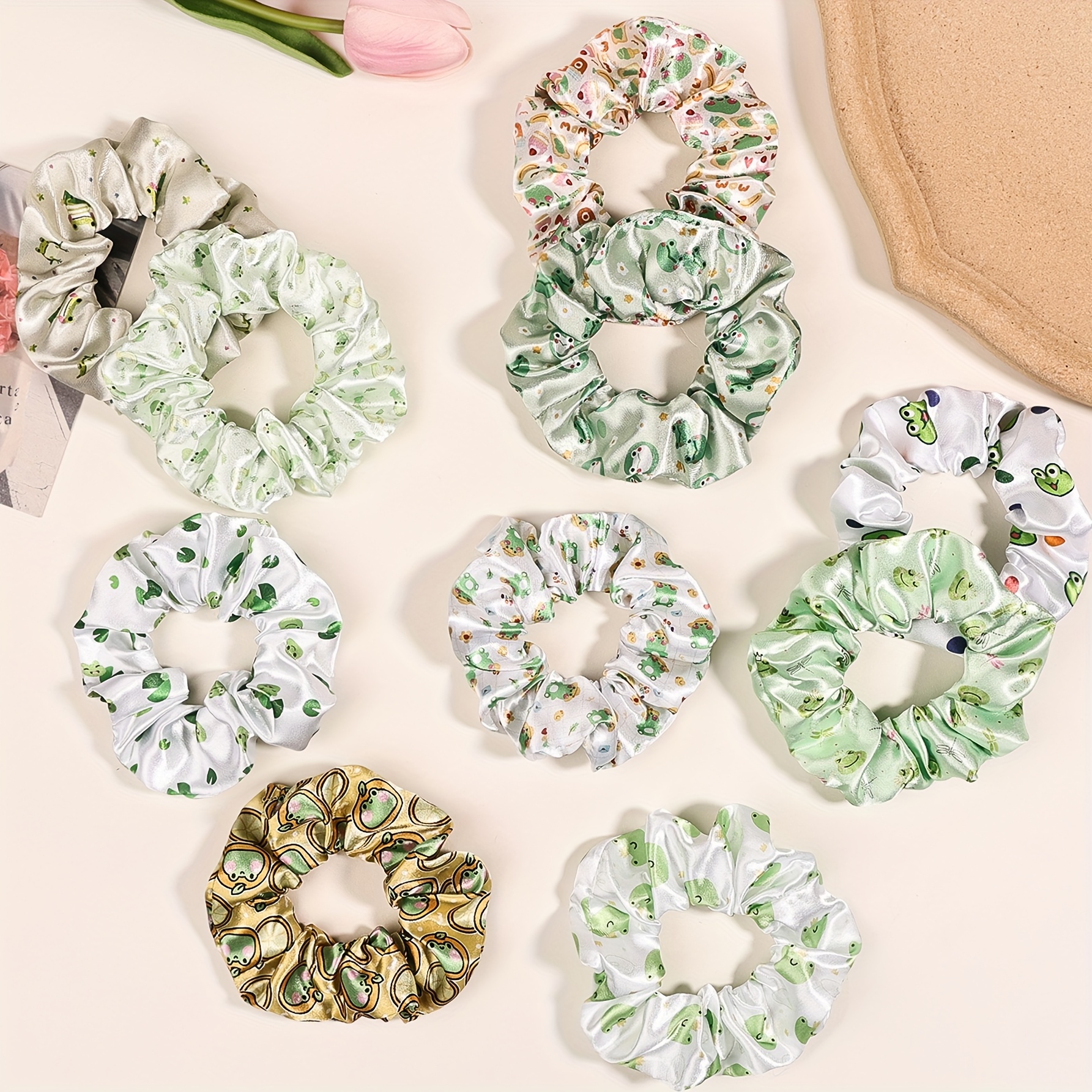 TEMU 10pcs Satin Frog Pattern Hair Ties, Accessory Suitable For High And Low Ponytail Styles