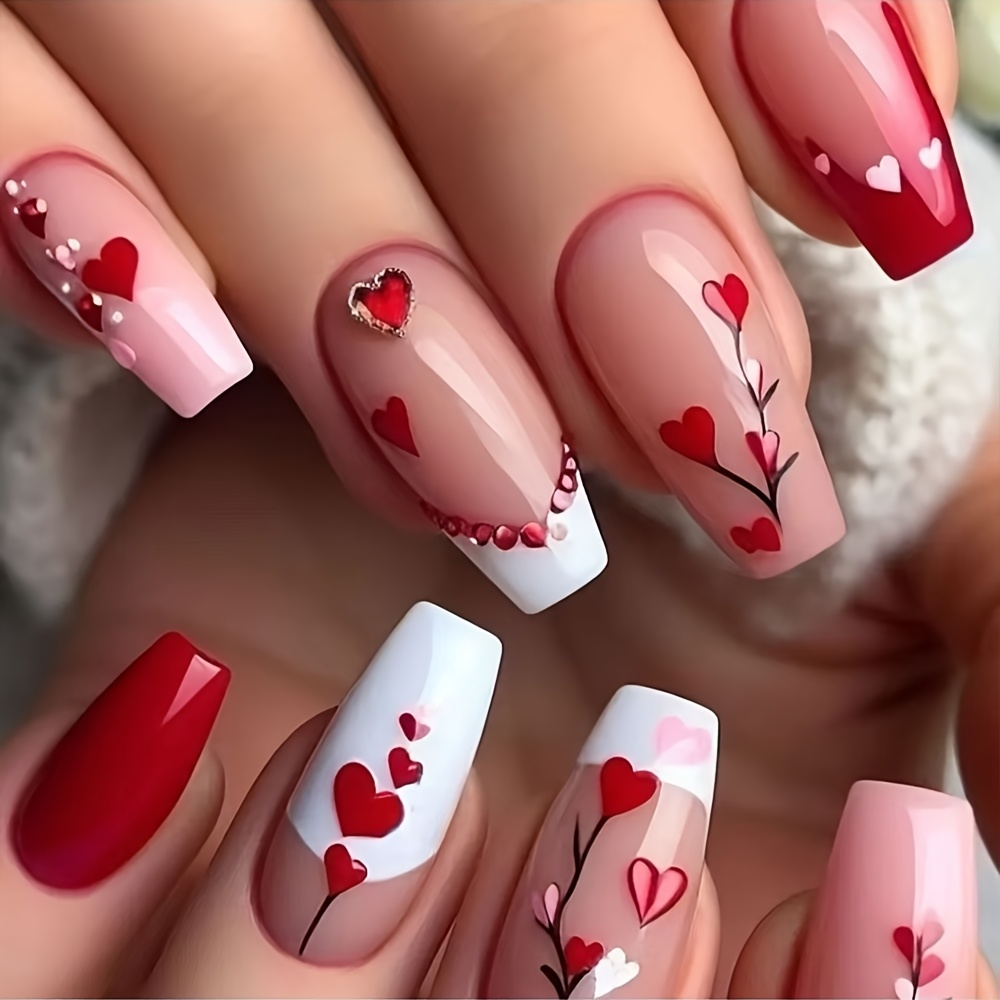 

24pcs Chic Ballet-shaped Press-on Nails, Heart Designs In Red And White - Medium Length, & Valentine's Day